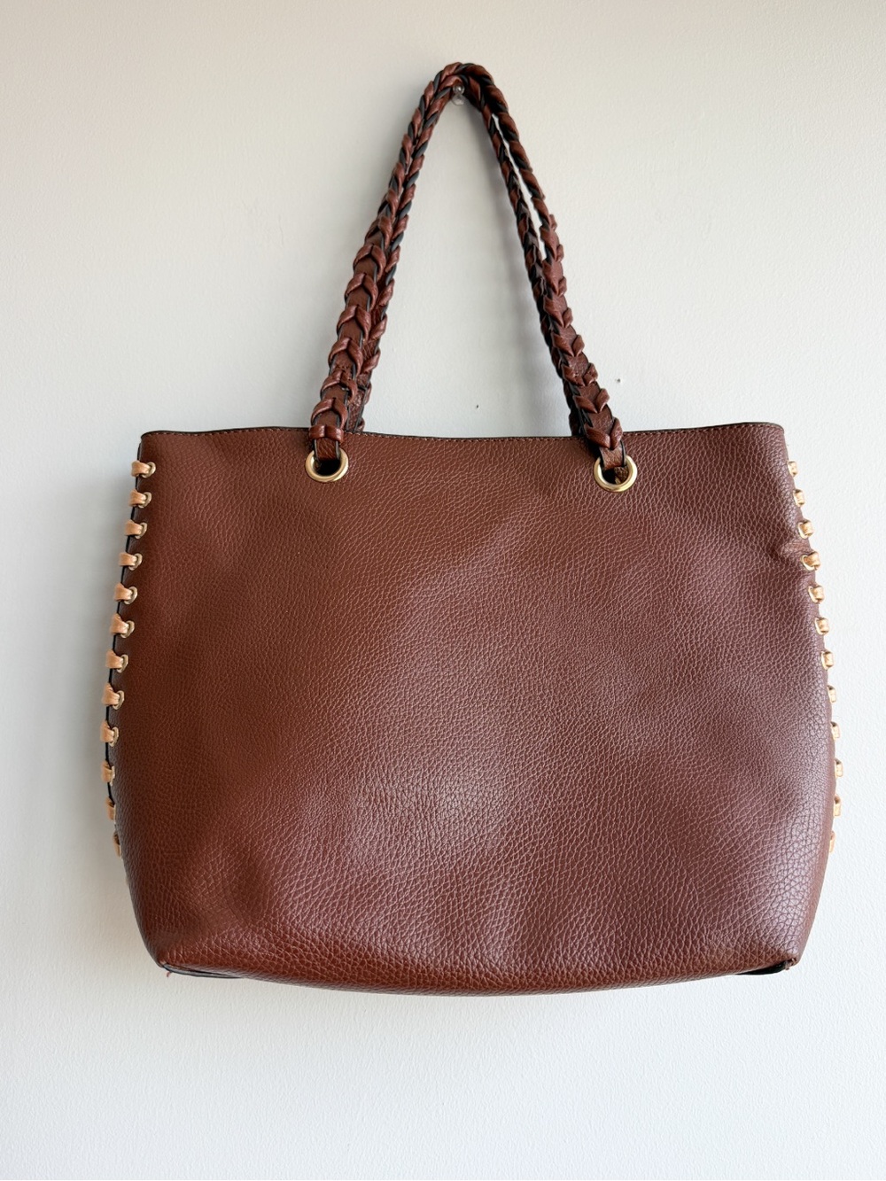 Classic Brown Leather Tote Bag with Braided Handles